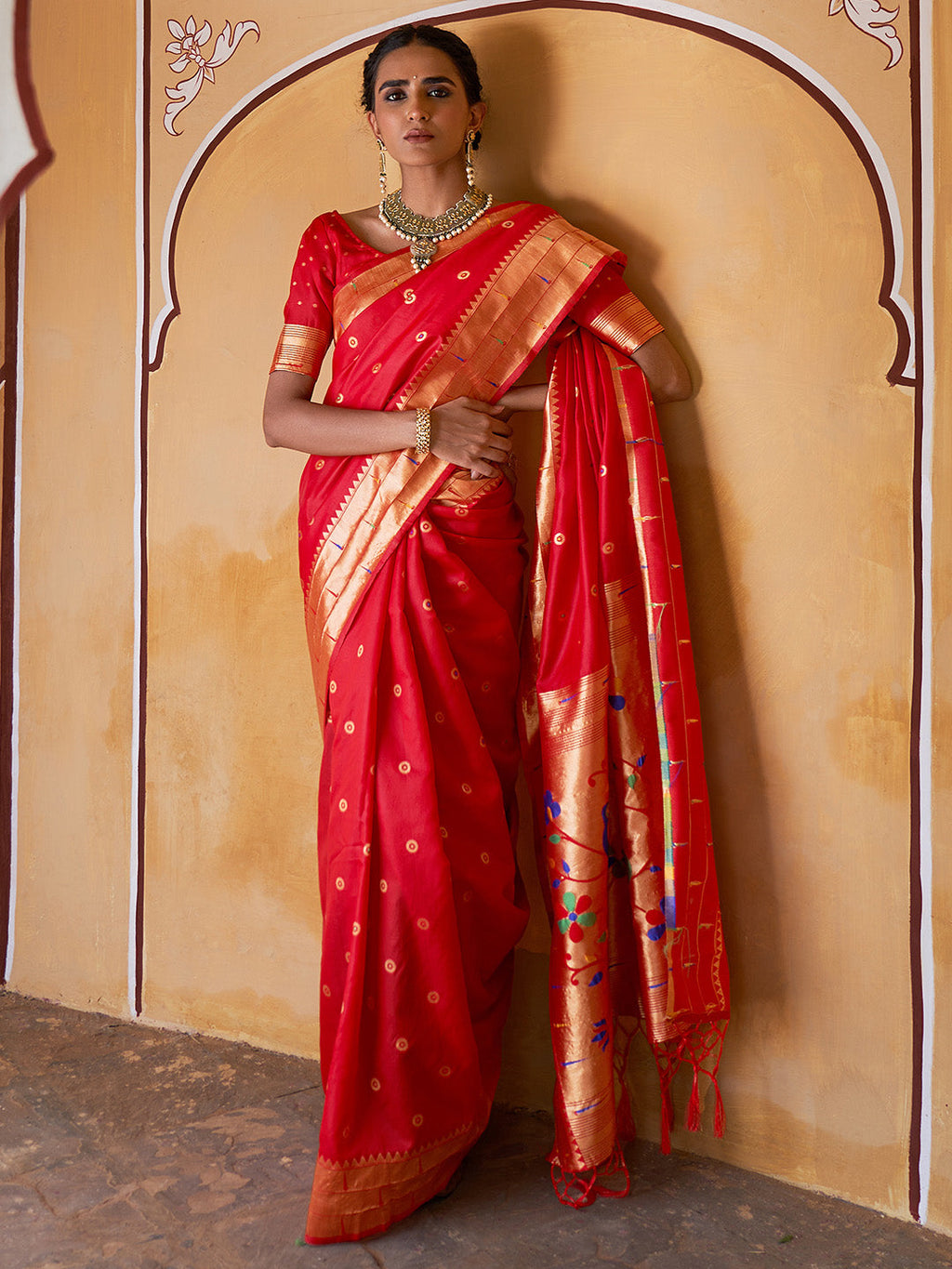 Janasya Red Paithani Silk Ethnic Motifs Paithani Silk Saree | Grocsy