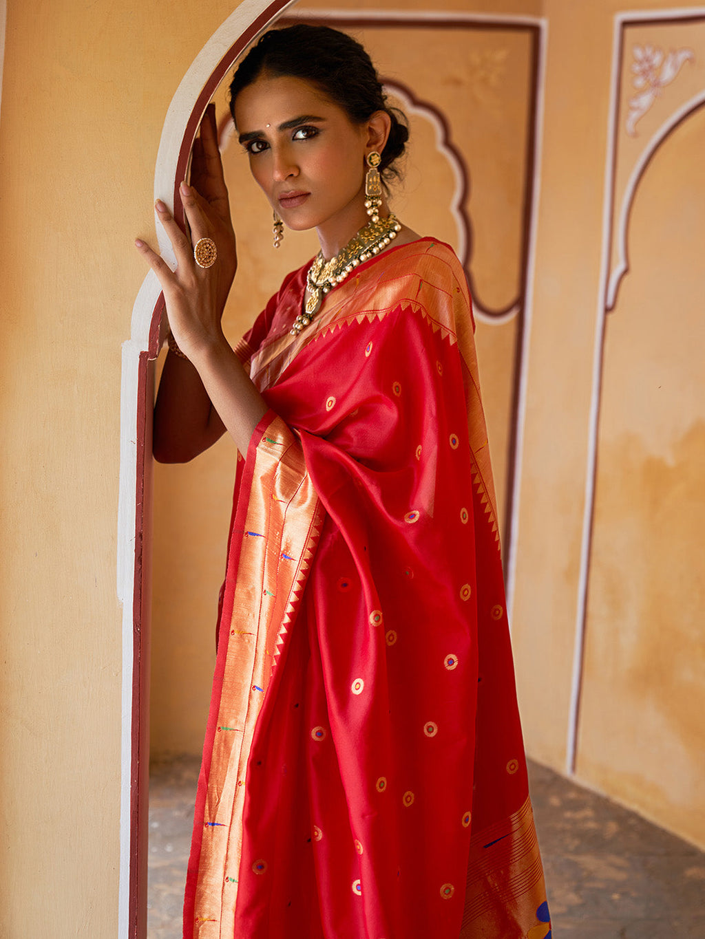 Janasya Red Paithani Silk Ethnic Motifs Paithani Silk Saree | Grocsy