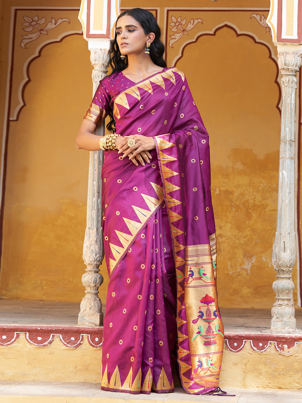 Janasya Wine Paithani Silk Ethnic Motifs Paithani Silk Saree | Grocsy