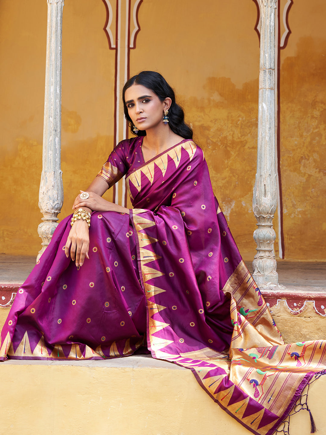 Janasya Wine Paithani Silk Ethnic Motifs Paithani Silk Saree | Grocsy