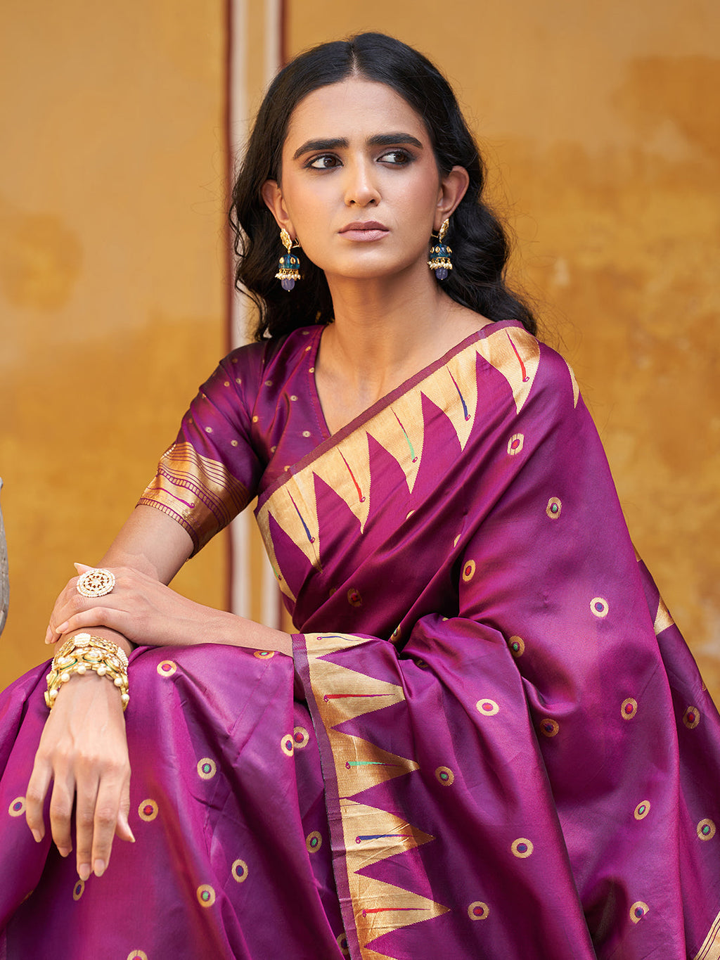 Janasya Wine Paithani Silk Ethnic Motifs Paithani Silk Saree | Grocsy