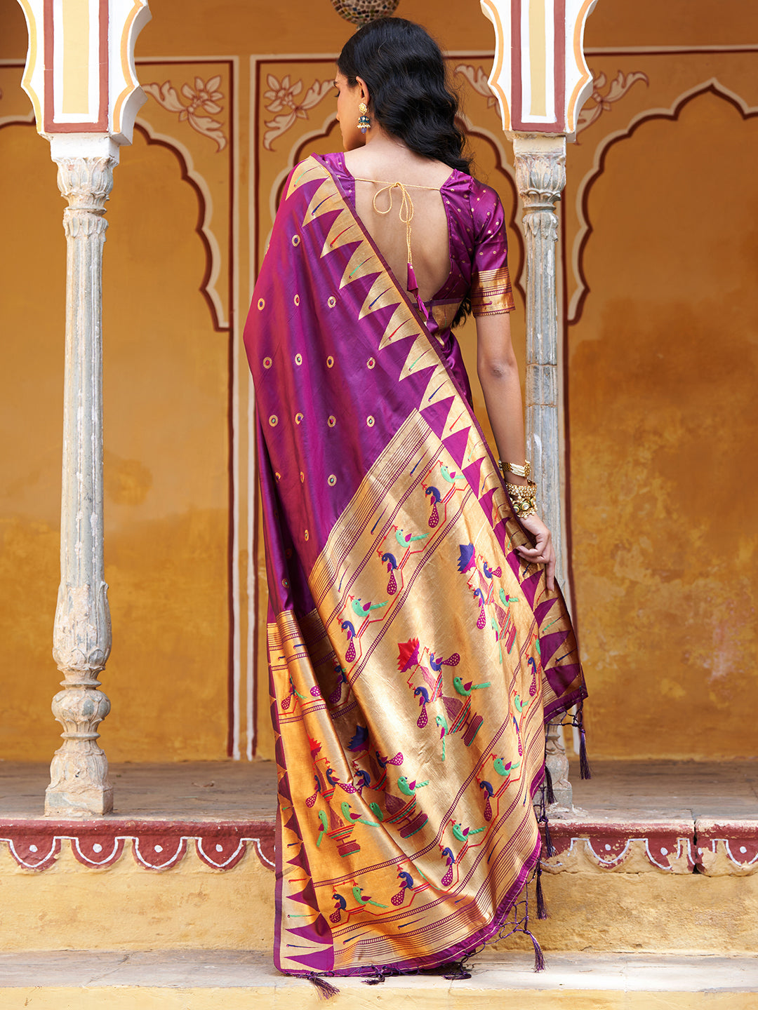 Janasya Wine Paithani Silk Ethnic Motifs Paithani Silk Saree | Grocsy