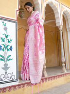 Janasya Pink Linen Cotton Woven Ethnic Motifs Woven Design Saree | Grocsy