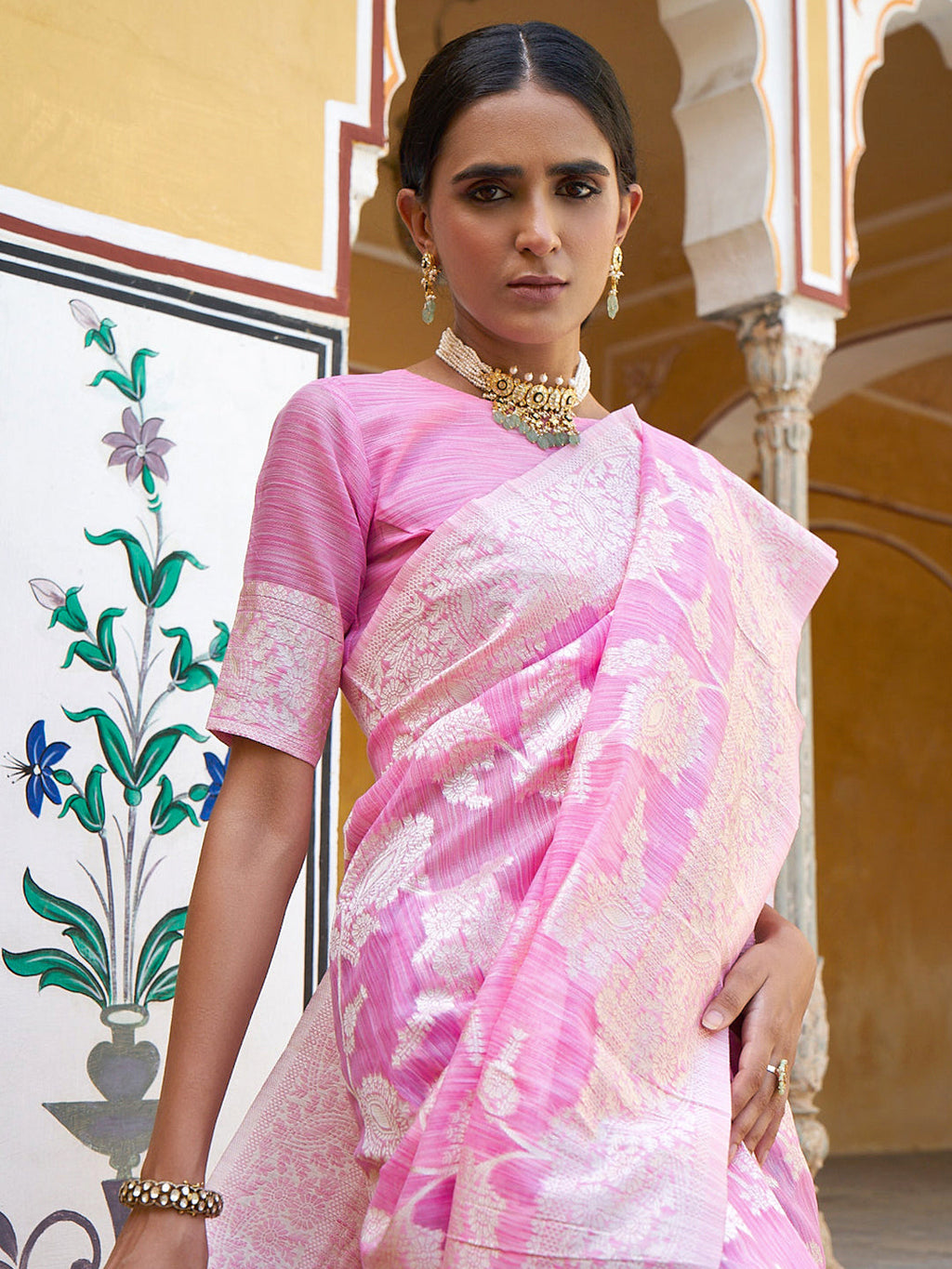 Janasya Pink Linen Cotton Woven Ethnic Motifs Woven Design Saree | Grocsy