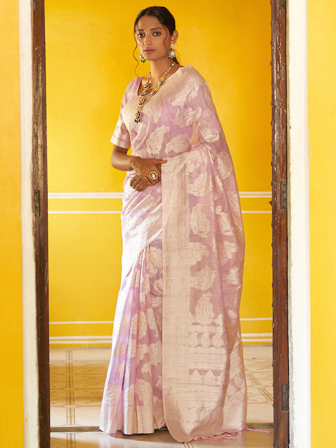 Janasya Lavender Linen Cotton Woven Paisley Woven Design Saree | Grocsy