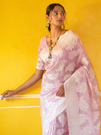 Janasya Lavender Linen Cotton Woven Paisley Woven Design Saree | Grocsy