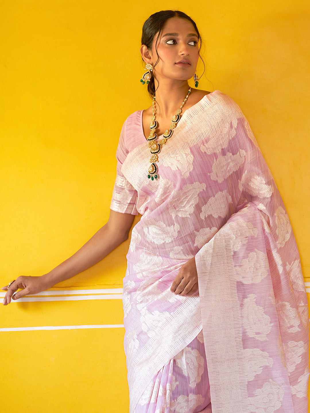 Janasya Lavender Linen Cotton Woven Paisley Woven Design Saree | Grocsy