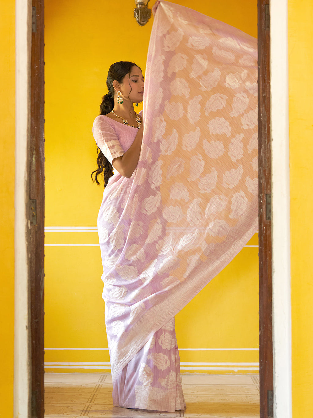 Janasya Lavender Linen Cotton Woven Paisley Woven Design Saree | Grocsy