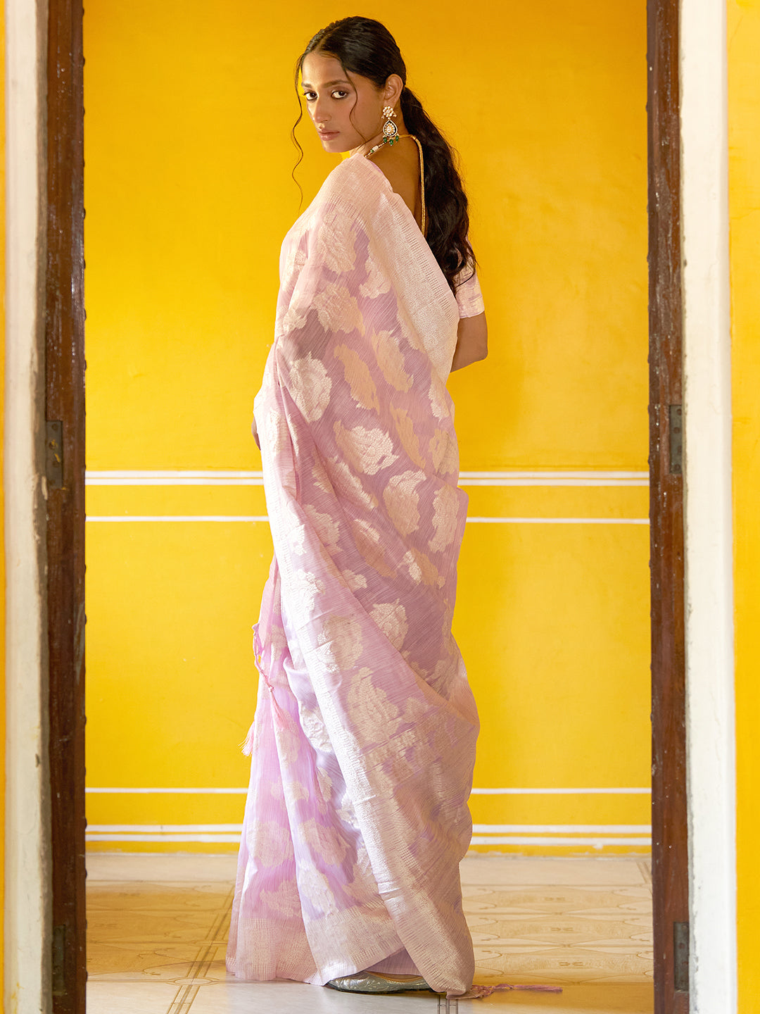 Janasya Lavender Linen Cotton Woven Paisley Woven Design Saree | Grocsy