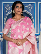 Janasya Pink Linen Cotton Woven Floral Design Woven Design Saree | Grocsy