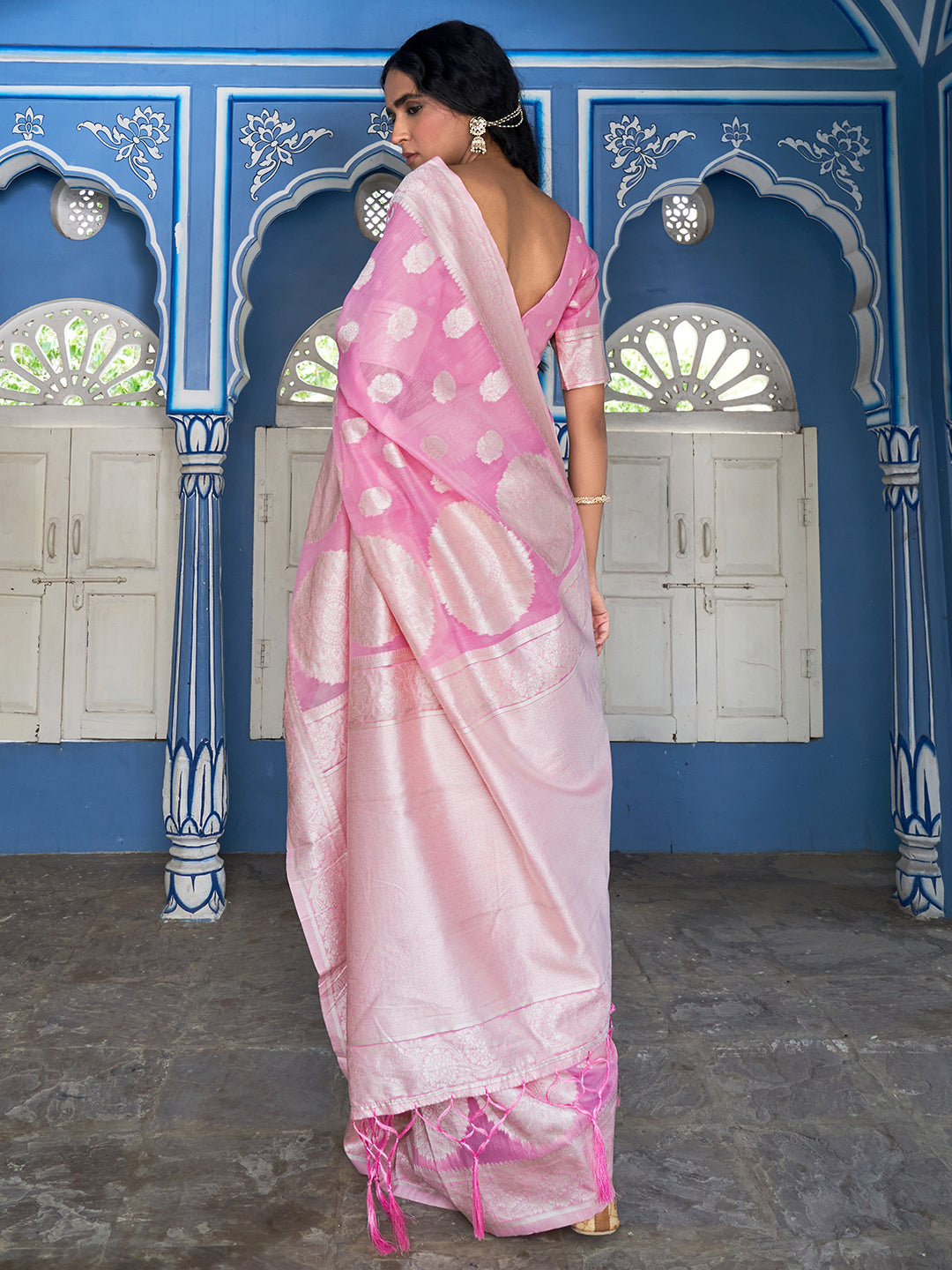 Janasya Pink Linen Cotton Woven Floral Design Woven Design Saree | Grocsy