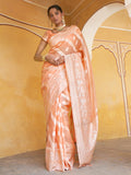 Janasya Peach Linen Cotton Leheriya Woven Design Saree | Grocsy