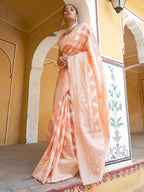 Janasya Peach Linen Cotton Leheriya Woven Design Saree | Grocsy
