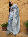 Janasya Grey Linen Cotton Woven Floral Design Woven Design Saree | Grocsy
