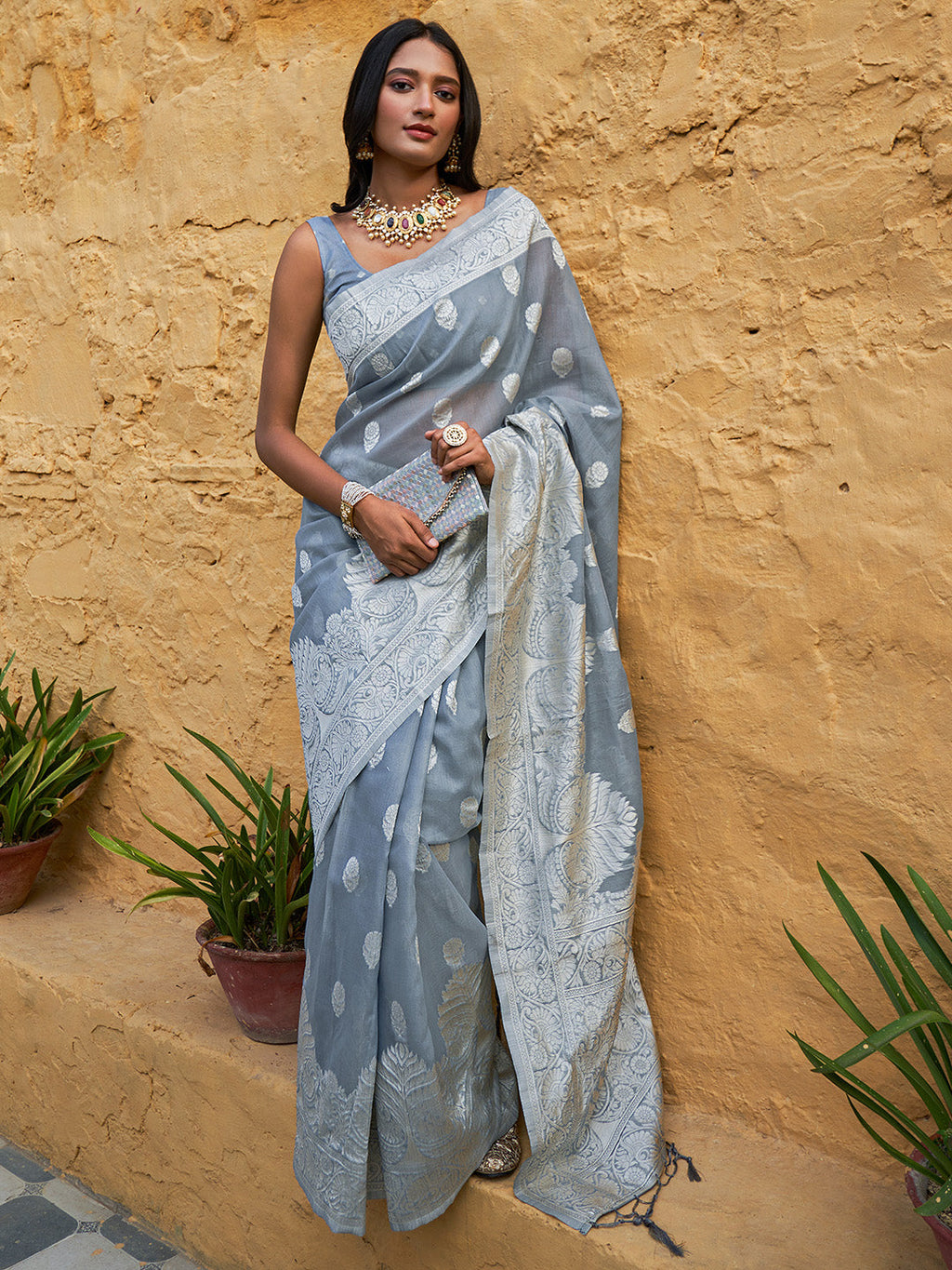 Janasya Grey Linen Cotton Woven Floral Design Woven Design Saree | Grocsy