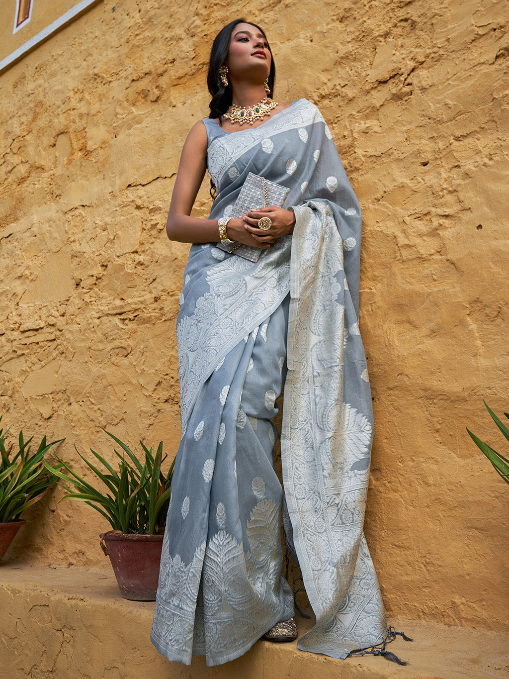 Janasya Grey Linen Cotton Woven Floral Design Woven Design Saree | Grocsy