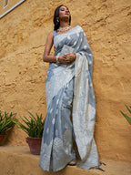 Janasya Grey Linen Cotton Woven Floral Design Woven Design Saree | Grocsy