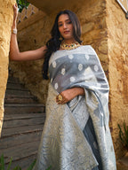 Janasya Grey Linen Cotton Woven Floral Design Woven Design Saree | Grocsy