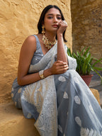 Janasya Grey Linen Cotton Woven Floral Design Woven Design Saree | Grocsy