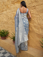 Janasya Grey Linen Cotton Woven Floral Design Woven Design Saree | Grocsy