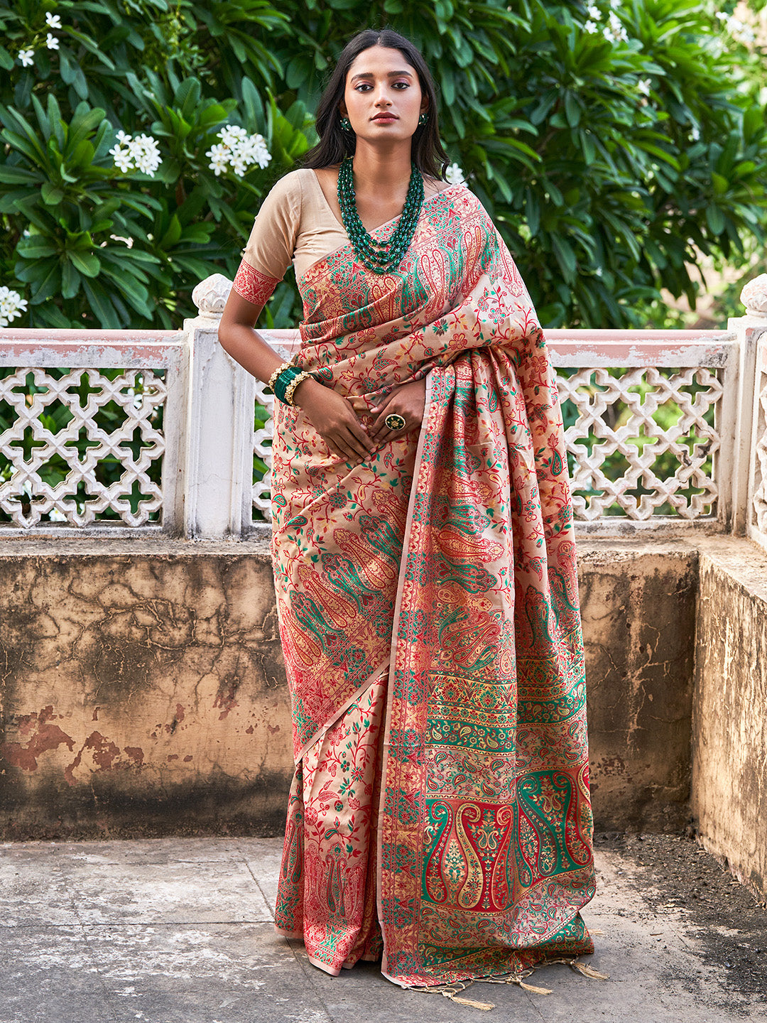 Janasya Beige Cotton Silk Pashmina Woven Design Saree | Grocsy