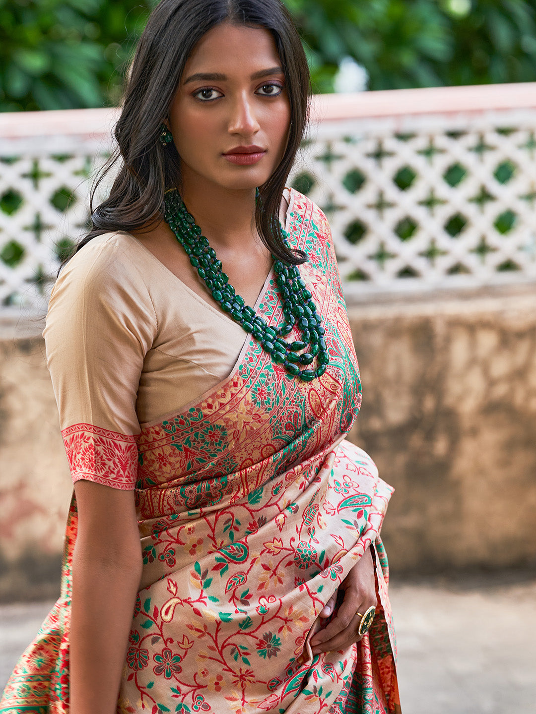 Janasya Beige Cotton Silk Pashmina Woven Design Saree | Grocsy