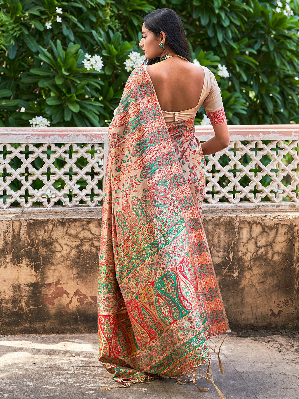 Janasya Beige Cotton Silk Pashmina Woven Design Saree | Grocsy