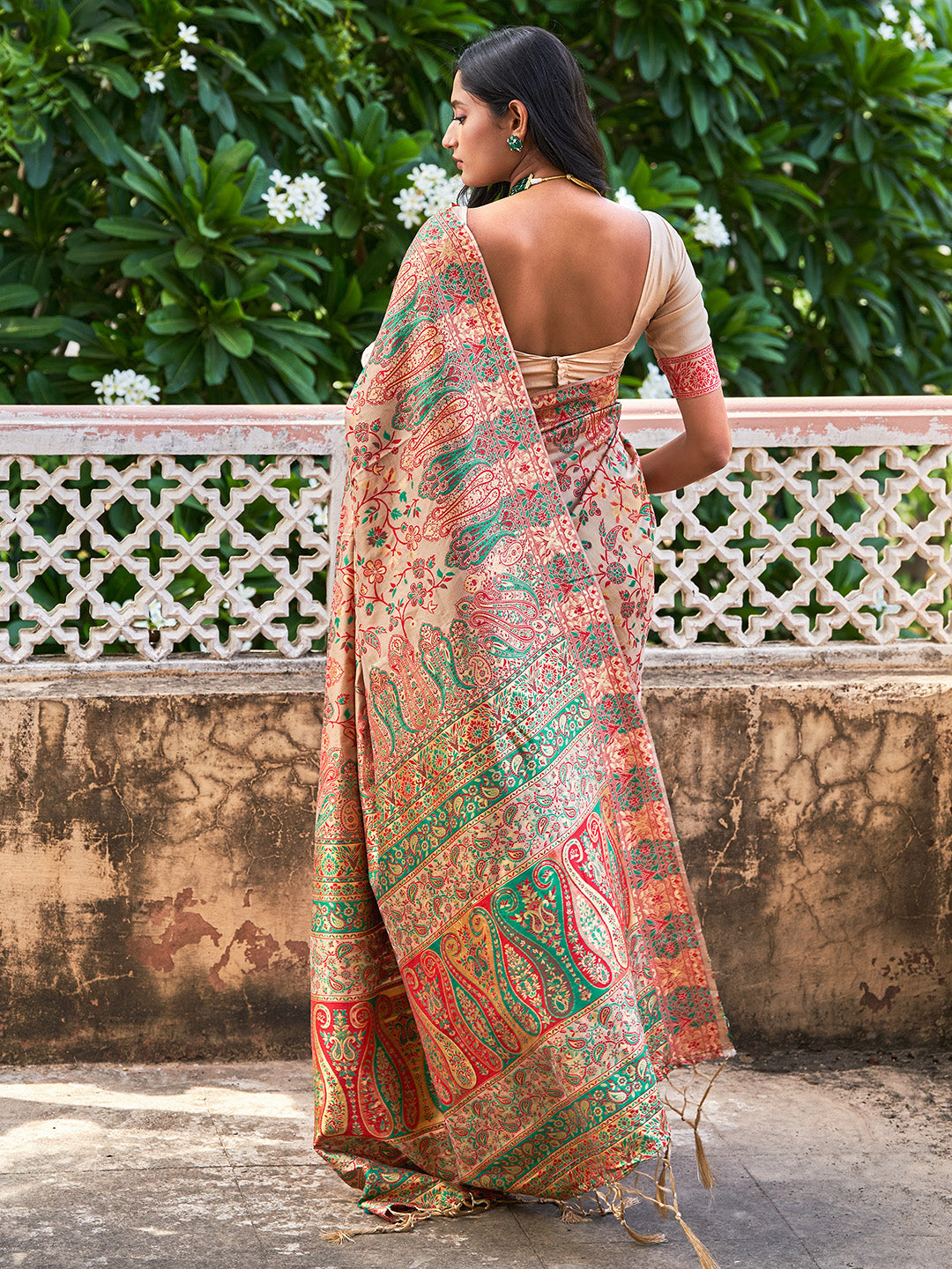 Janasya Beige Cotton Silk Pashmina Woven Design Saree | Grocsy