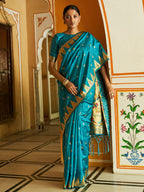 Janasya Teal Paithani Silk Ethnic Motifs Paithani Silk Saree | Grocsy