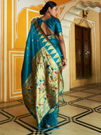 Janasya Teal Paithani Silk Ethnic Motifs Paithani Silk Saree | Grocsy