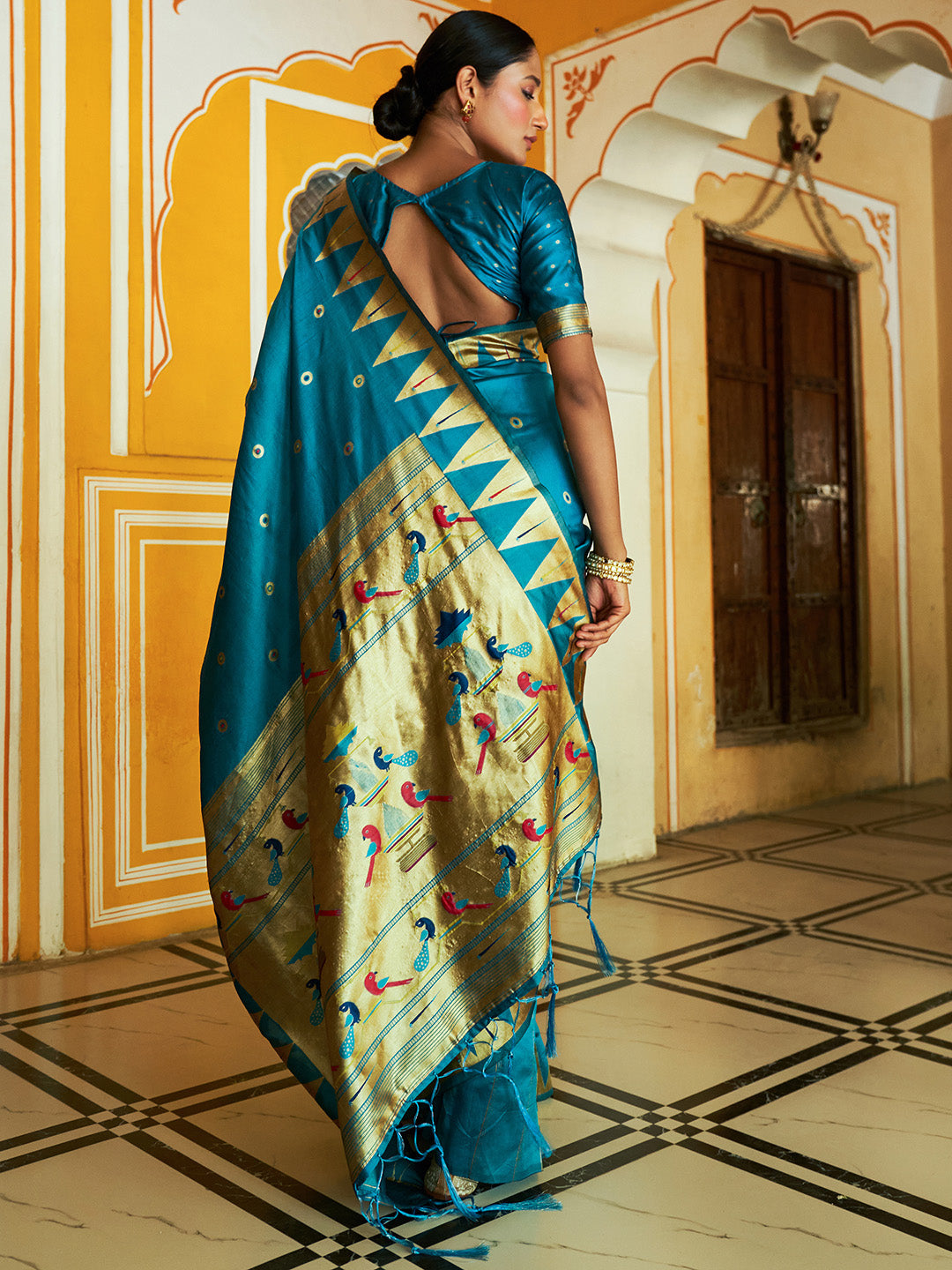 Janasya Teal Paithani Silk Ethnic Motifs Paithani Silk Saree | Grocsy