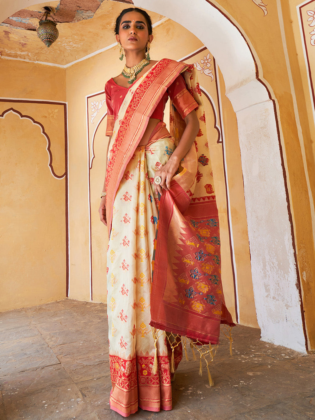 Janasya Beige Cotton Silk Woven Design Patola Saree | Grocsy