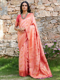 Janasya Peach Banarasi Silk Woven Dual Tone Floral Design Banarasi Silk Saree | Grocsy