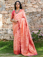 Janasya Peach Banarasi Silk Woven Dual Tone Floral Design Banarasi Silk Saree | Grocsy
