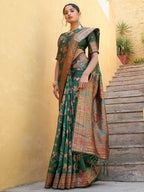 Janasya Green Banarasi Silk Woven Dual Tone Floral Design Banarasi Silk Saree | Grocsy