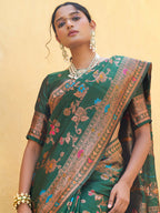 Janasya Green Banarasi Silk Woven Dual Tone Floral Design Banarasi Silk Saree | Grocsy