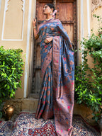 Janasya Grey Banarasi Silk Woven Dual Tone Floral Design Banarasi Silk Saree | Grocsy