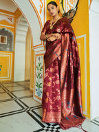 Janasya Maroon Banarasi Silk Woven Dual Tone Floral Design Banarasi Silk Saree | Grocsy