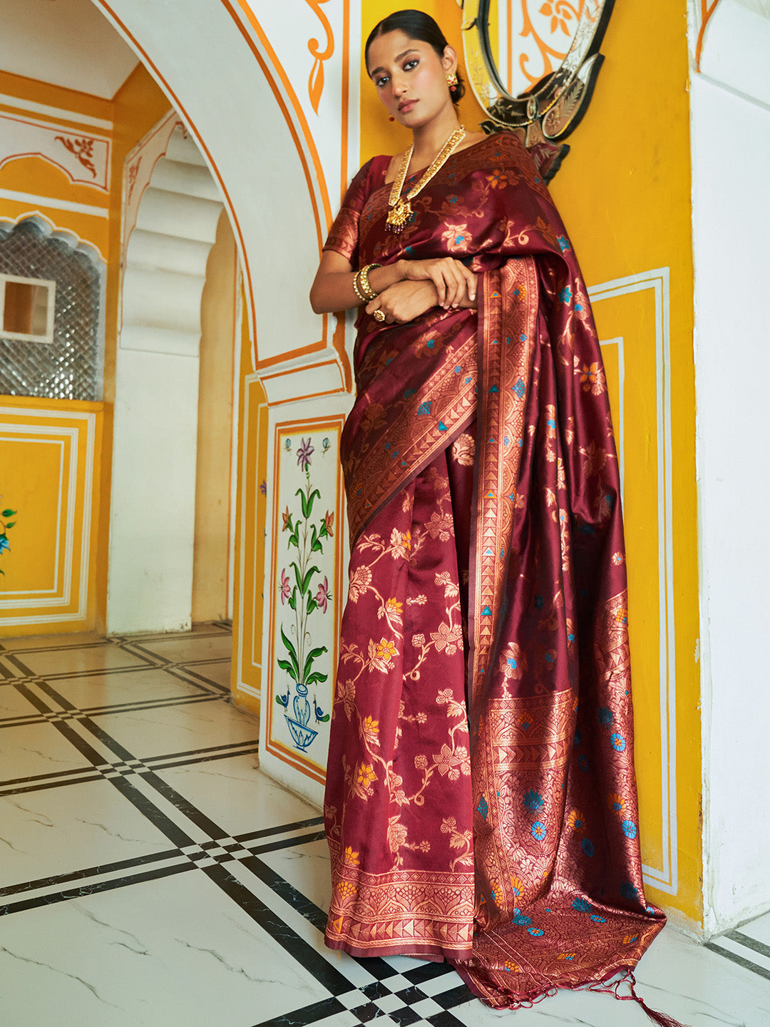 Janasya Maroon Banarasi Silk Woven Dual Tone Floral Design Banarasi Silk Saree | Grocsy