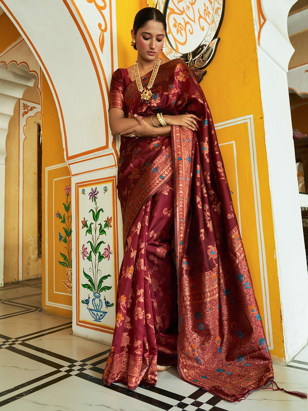 Janasya Maroon Banarasi Silk Woven Dual Tone Floral Design Banarasi Silk Saree | Grocsy