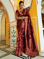 Janasya Maroon Banarasi Silk Woven Dual Tone Floral Design Banarasi Silk Saree | Grocsy