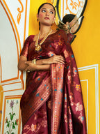 Janasya Maroon Banarasi Silk Woven Dual Tone Floral Design Banarasi Silk Saree | Grocsy