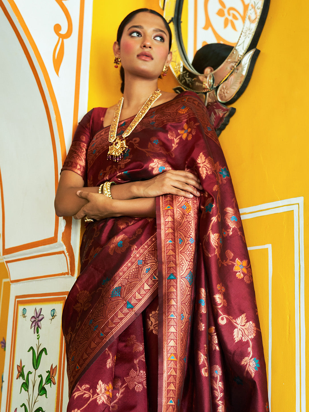 Janasya Maroon Banarasi Silk Woven Dual Tone Floral Design Banarasi Silk Saree | Grocsy