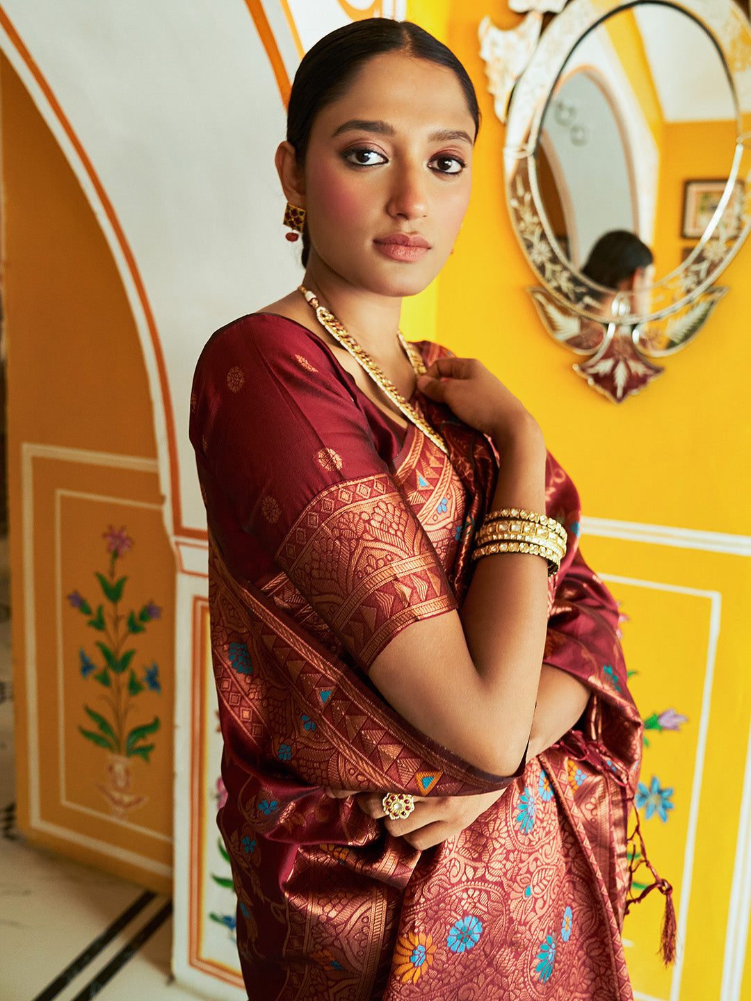 Janasya Maroon Banarasi Silk Woven Dual Tone Floral Design Banarasi Silk Saree | Grocsy