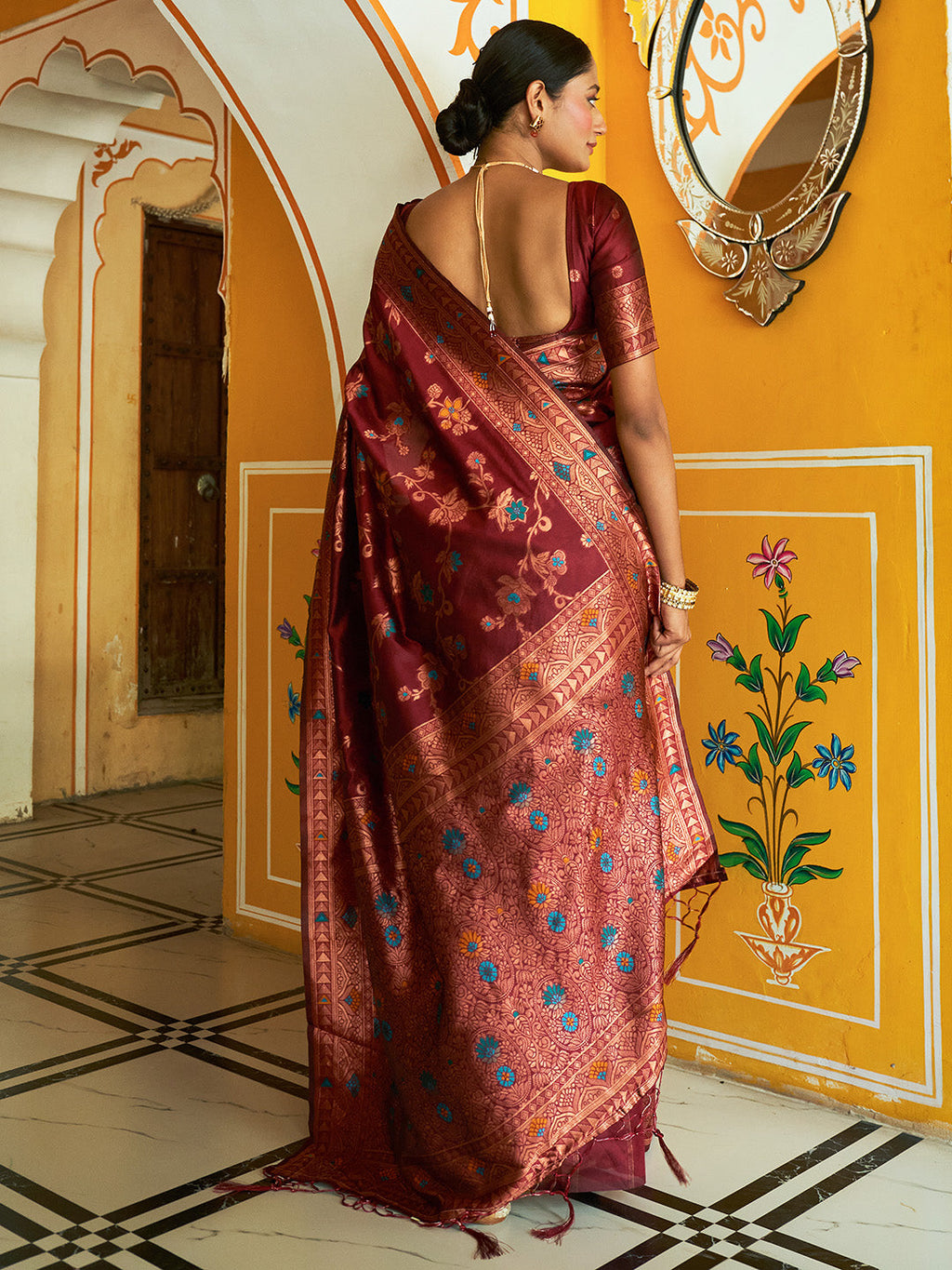 Janasya Maroon Banarasi Silk Woven Dual Tone Floral Design Banarasi Silk Saree | Grocsy