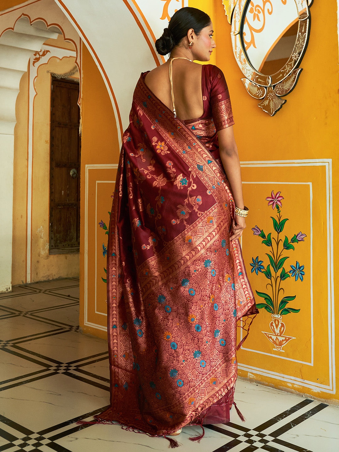Janasya Maroon Banarasi Silk Woven Dual Tone Floral Design Banarasi Silk Saree | Grocsy