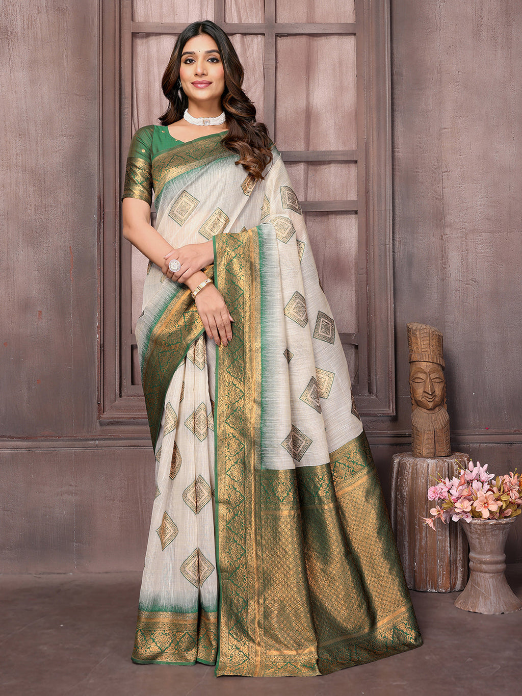 Janasya Beige & Green Cotton Linen Ethnic Print Kanjivaram Saree | Grocsy