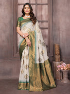 Janasya Beige & Green Cotton Linen Ethnic Print Kanjivaram Saree | Grocsy