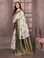 Janasya Beige & Green Cotton Linen Ethnic Print Kanjivaram Saree | Grocsy