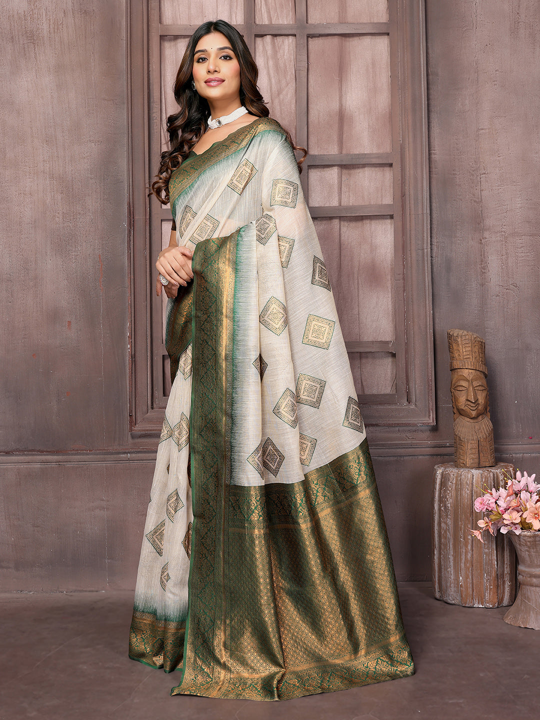 Janasya Beige & Green Cotton Linen Ethnic Print Kanjivaram Saree | Grocsy